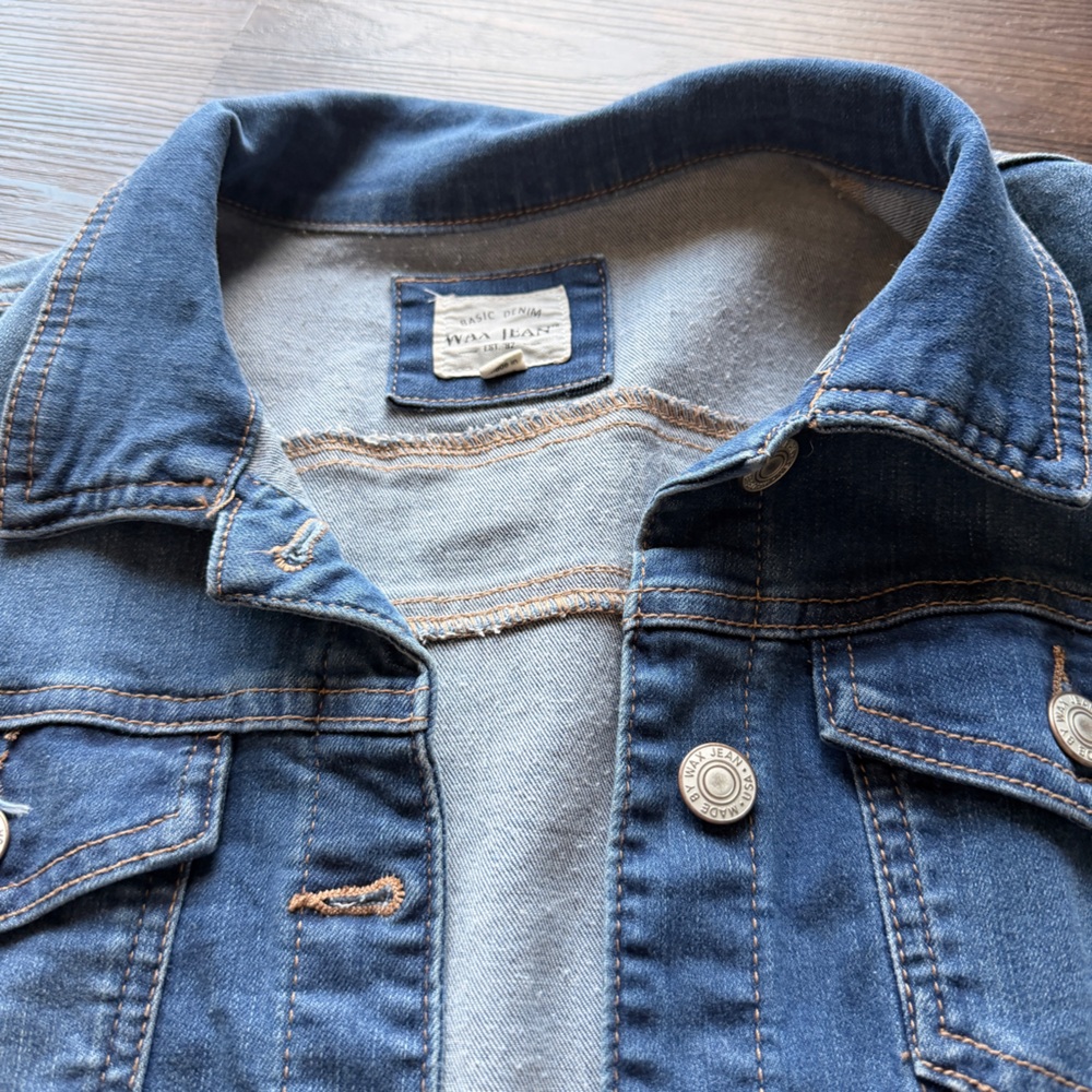 Wax Jean Denim Vest Size Large Medium Wash Sleeveless Trucker Jacket Snap Front - Picture 2 of 4